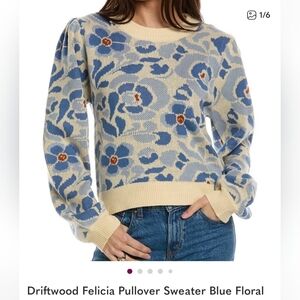 DRIIFTWOOD FELICIA PULLOVER FLORAL SWEATER IN CREAM AND BLUE. SIZE X-LARGE.